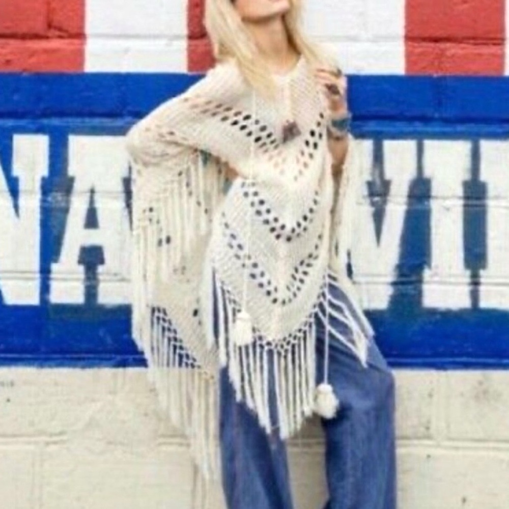 SPELL Route 66 Crochet Cream Knit Poncho Tassel Fringe Boho Festival